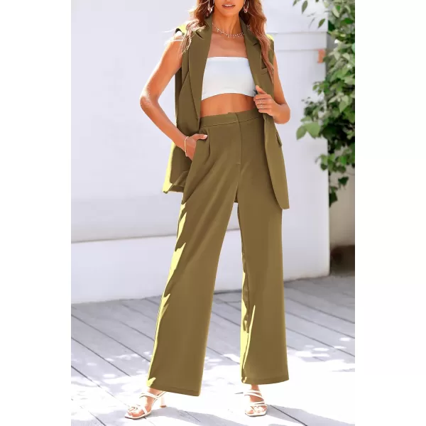 PRETTYGARDEN Womens 2 Piece Outfits Sleeveless Suit Vest and Wide Leg Pants Business Casual Blazer SetsArmy Green