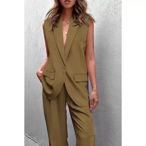PRETTYGARDEN Womens 2 Piece Outfits Sleeveless Suit Vest and Wide Leg Pants Business Casual Blazer SetsArmy Green