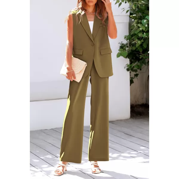 PRETTYGARDEN Womens 2 Piece Outfits Sleeveless Suit Vest and Wide Leg Pants Business Casual Blazer SetsArmy Green