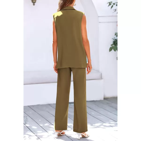 PRETTYGARDEN Womens 2 Piece Outfits Sleeveless Suit Vest and Wide Leg Pants Business Casual Blazer SetsArmy Green