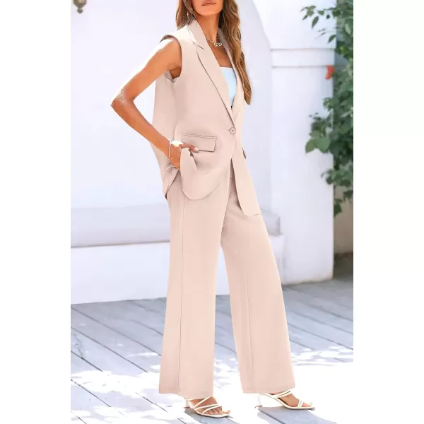PRETTYGARDEN Womens 2 Piece Outfits Sleeveless Suit Vest and Wide Leg Pants Business Casual Blazer SetsBeige