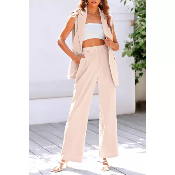 PRETTYGARDEN Womens 2 Piece Outfits Sleeveless Suit Vest and Wide Leg Pants Business Casual Blazer SetsBeige