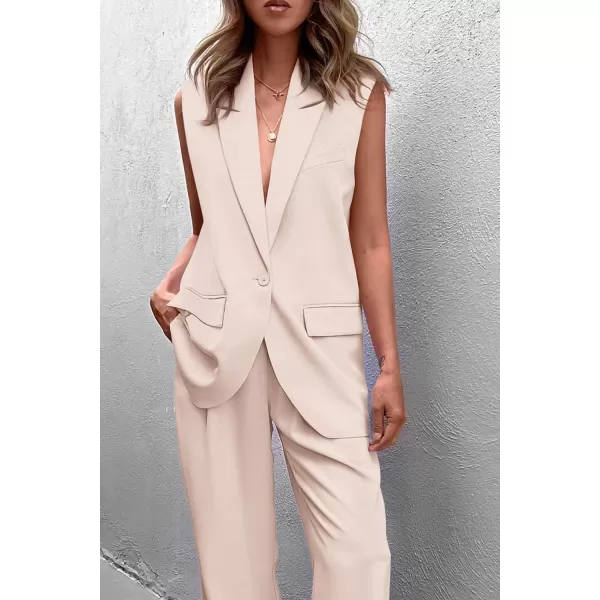 PRETTYGARDEN Womens 2 Piece Outfits Sleeveless Suit Vest and Wide Leg Pants Business Casual Blazer SetsBeige