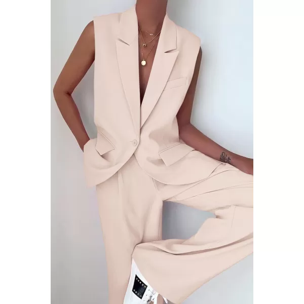PRETTYGARDEN Womens 2 Piece Outfits Sleeveless Suit Vest and Wide Leg Pants Business Casual Blazer SetsBeige