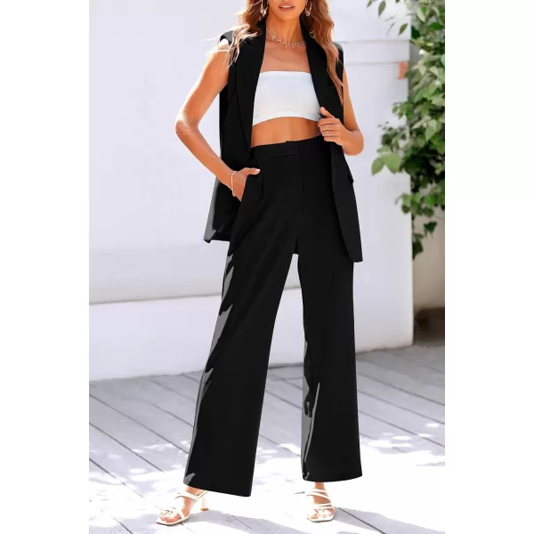PRETTYGARDEN Womens 2 Piece Outfits Sleeveless Suit Vest and Wide Leg Pants Business Casual Blazer SetsBlack
