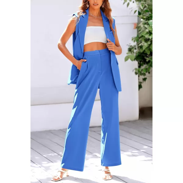 PRETTYGARDEN Womens 2 Piece Outfits Sleeveless Suit Vest and Wide Leg Pants Business Casual Blazer SetsBlue
