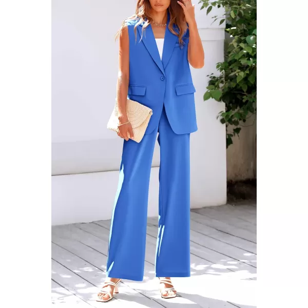 PRETTYGARDEN Womens 2 Piece Outfits Sleeveless Suit Vest and Wide Leg Pants Business Casual Blazer SetsBlue