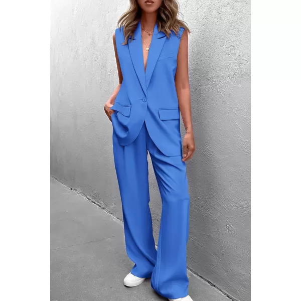 PRETTYGARDEN Womens 2 Piece Outfits Sleeveless Suit Vest and Wide Leg Pants Business Casual Blazer SetsBlue