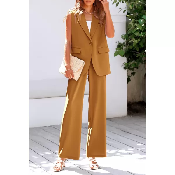 PRETTYGARDEN Womens 2 Piece Outfits Sleeveless Suit Vest and Wide Leg Pants Business Casual Blazer SetsBrown Yellow
