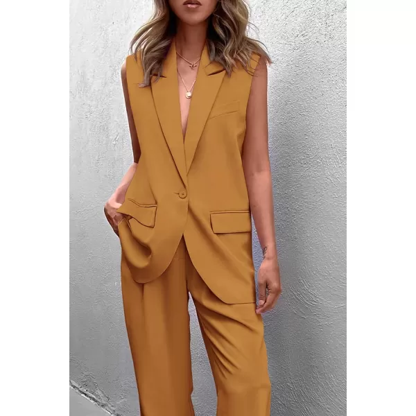 PRETTYGARDEN Womens 2 Piece Outfits Sleeveless Suit Vest and Wide Leg Pants Business Casual Blazer SetsBrown Yellow