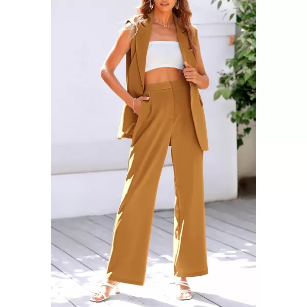 PRETTYGARDEN Womens 2 Piece Outfits Sleeveless Suit Vest and Wide Leg Pants Business Casual Blazer SetsBrown Yellow