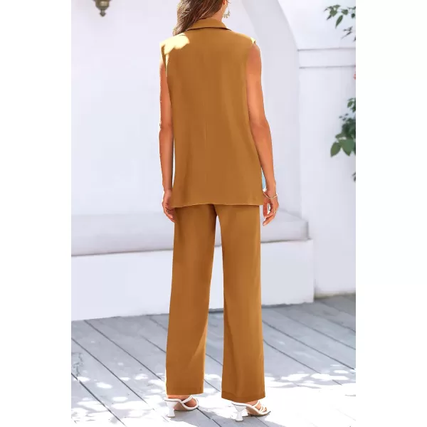 PRETTYGARDEN Womens 2 Piece Outfits Sleeveless Suit Vest and Wide Leg Pants Business Casual Blazer SetsBrown Yellow