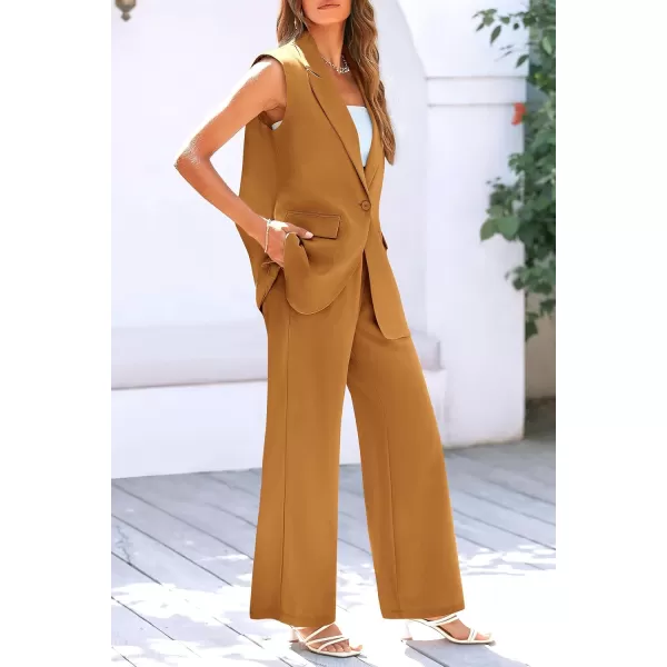 PRETTYGARDEN Womens 2 Piece Outfits Sleeveless Suit Vest and Wide Leg Pants Business Casual Blazer SetsBrown Yellow