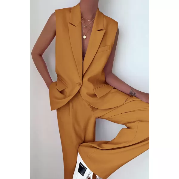 PRETTYGARDEN Womens 2 Piece Outfits Sleeveless Suit Vest and Wide Leg Pants Business Casual Blazer SetsBrown Yellow