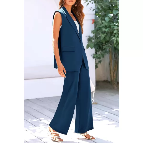 PRETTYGARDEN Womens 2 Piece Outfits Sleeveless Suit Vest and Wide Leg Pants Business Casual Blazer SetsDark Blue