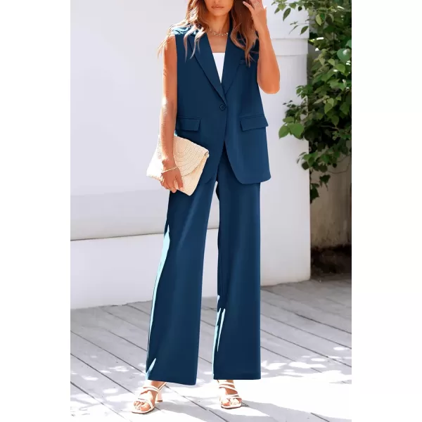 PRETTYGARDEN Womens 2 Piece Outfits Sleeveless Suit Vest and Wide Leg Pants Business Casual Blazer SetsDark Blue