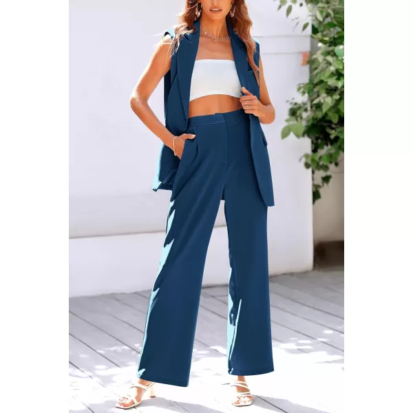PRETTYGARDEN Womens 2 Piece Outfits Sleeveless Suit Vest and Wide Leg Pants Business Casual Blazer SetsDark Blue