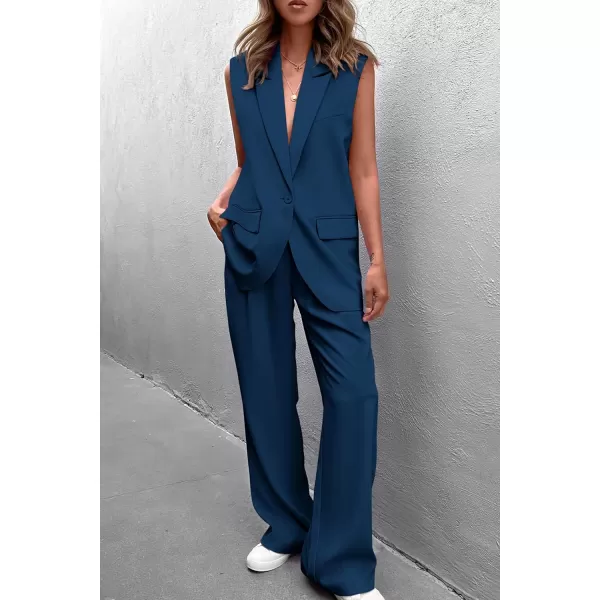 PRETTYGARDEN Womens 2 Piece Outfits Sleeveless Suit Vest and Wide Leg Pants Business Casual Blazer SetsDark Blue