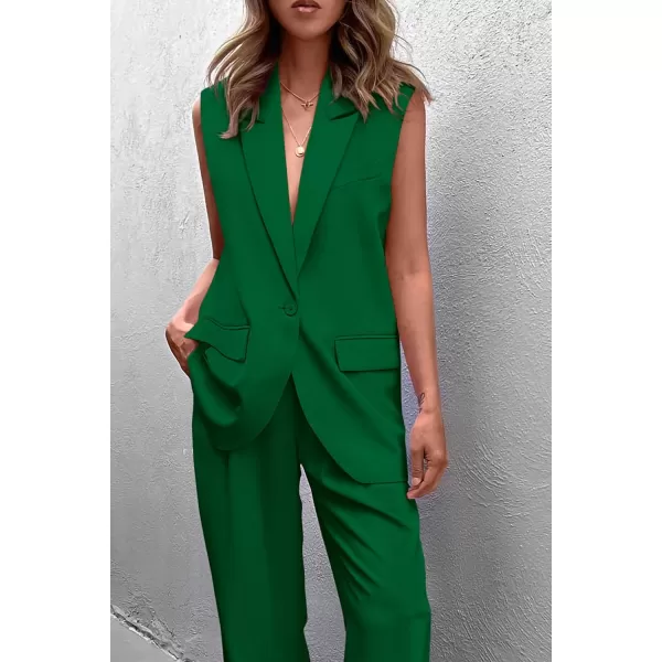 PRETTYGARDEN Womens 2 Piece Outfits Sleeveless Suit Vest and Wide Leg Pants Business Casual Blazer SetsGreen