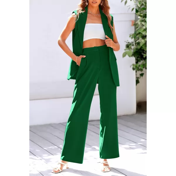 PRETTYGARDEN Womens 2 Piece Outfits Sleeveless Suit Vest and Wide Leg Pants Business Casual Blazer SetsGreen