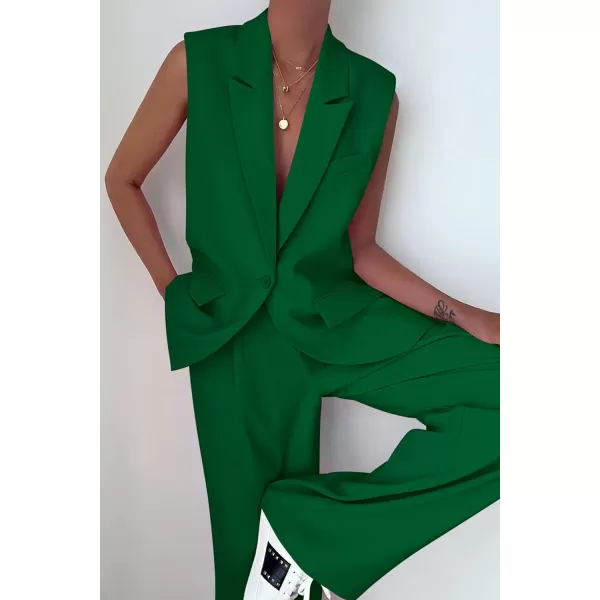PRETTYGARDEN Womens 2 Piece Outfits Sleeveless Suit Vest and Wide Leg Pants Business Casual Blazer SetsGreen