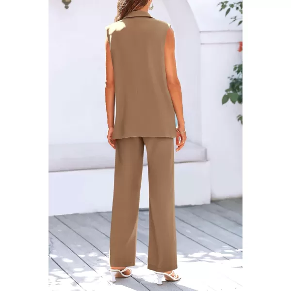 PRETTYGARDEN Womens 2 Piece Outfits Sleeveless Suit Vest and Wide Leg Pants Business Casual Blazer SetsKhaki