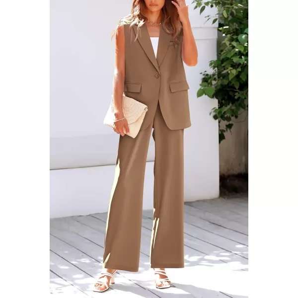 PRETTYGARDEN Womens 2 Piece Outfits Sleeveless Suit Vest and Wide Leg Pants Business Casual Blazer SetsKhaki