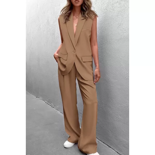 PRETTYGARDEN Womens 2 Piece Outfits Sleeveless Suit Vest and Wide Leg Pants Business Casual Blazer SetsKhaki