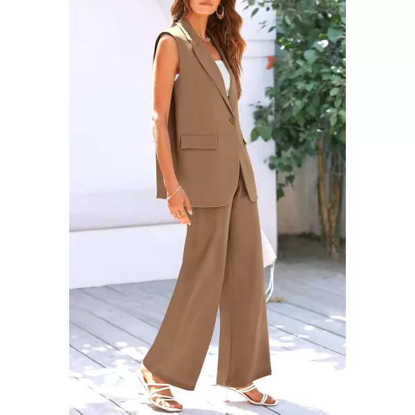 PRETTYGARDEN Womens 2 Piece Outfits Sleeveless Suit Vest and Wide Leg Pants Business Casual Blazer SetsKhaki