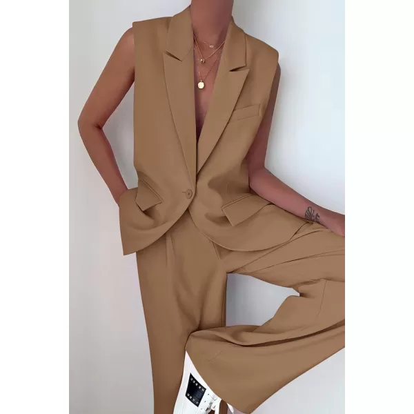 PRETTYGARDEN Womens 2 Piece Outfits Sleeveless Suit Vest and Wide Leg Pants Business Casual Blazer SetsKhaki