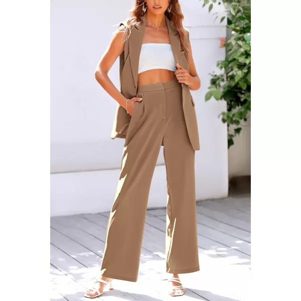 PRETTYGARDEN Womens 2 Piece Outfits Sleeveless Suit Vest and Wide Leg Pants Business Casual Blazer SetsKhaki
