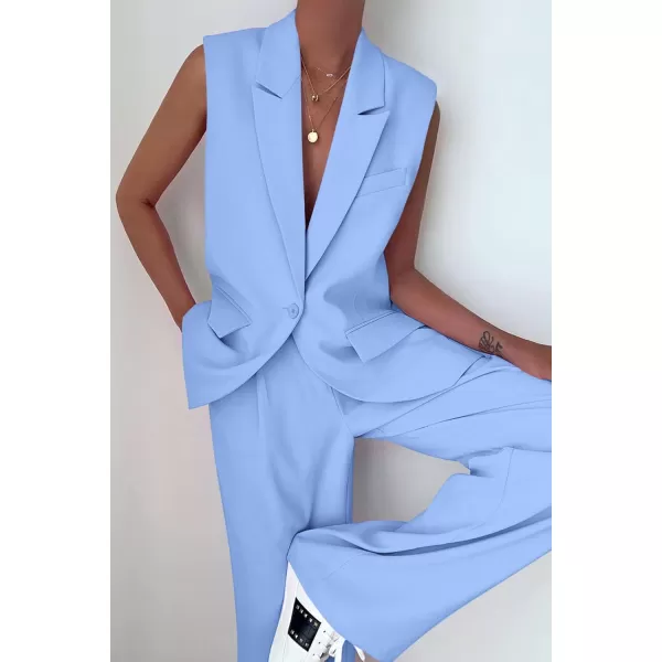 PRETTYGARDEN Womens 2 Piece Outfits Sleeveless Suit Vest and Wide Leg Pants Business Casual Blazer SetsLight Blue