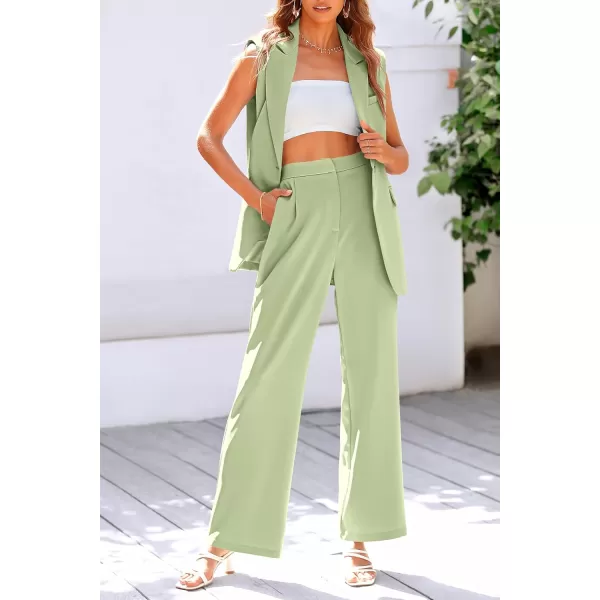 PRETTYGARDEN Womens 2 Piece Outfits Sleeveless Suit Vest and Wide Leg Pants Business Casual Blazer SetsLight Green