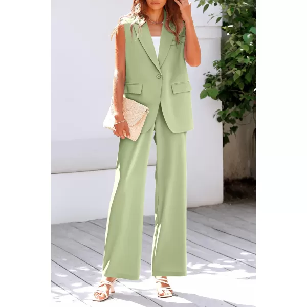 PRETTYGARDEN Womens 2 Piece Outfits Sleeveless Suit Vest and Wide Leg Pants Business Casual Blazer SetsLight Green