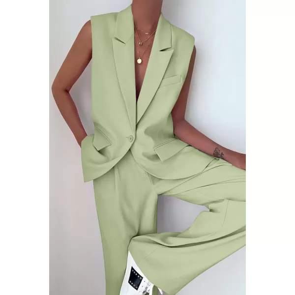PRETTYGARDEN Womens 2 Piece Outfits Sleeveless Suit Vest and Wide Leg Pants Business Casual Blazer SetsLight Green