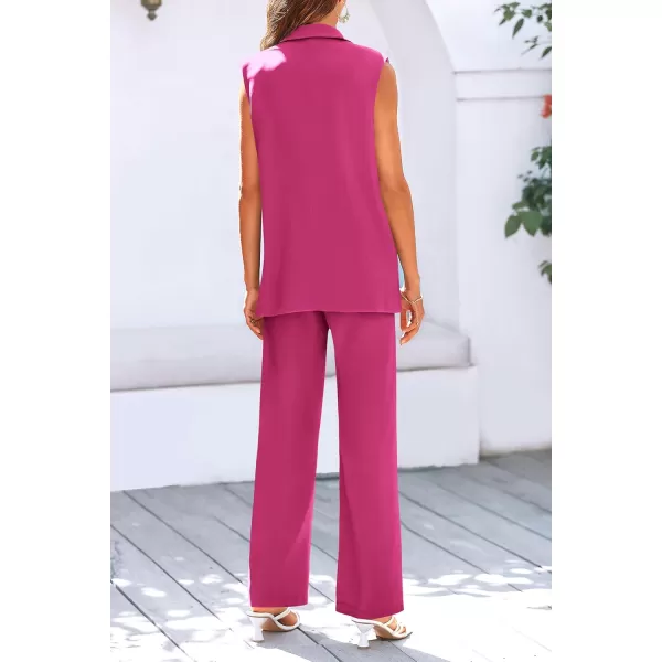 PRETTYGARDEN Womens 2 Piece Outfits Sleeveless Suit Vest and Wide Leg Pants Business Casual Blazer SetsRose Red