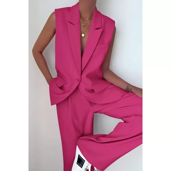 PRETTYGARDEN Womens 2 Piece Outfits Sleeveless Suit Vest and Wide Leg Pants Business Casual Blazer SetsRose Red