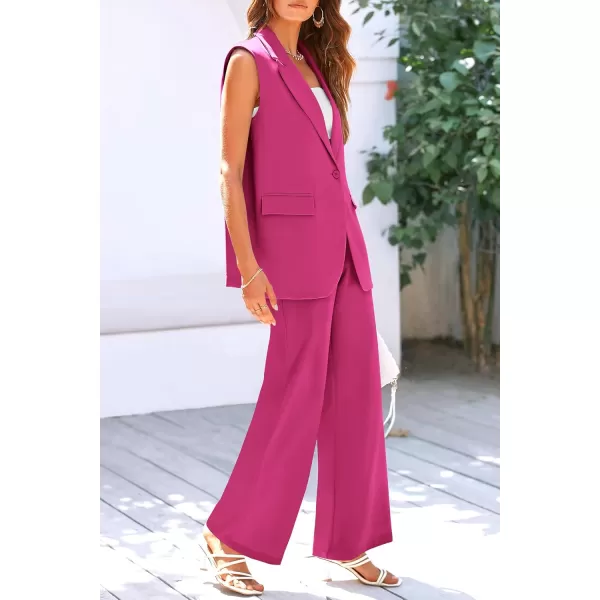 PRETTYGARDEN Womens 2 Piece Outfits Sleeveless Suit Vest and Wide Leg Pants Business Casual Blazer SetsRose Red