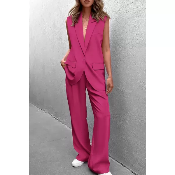 PRETTYGARDEN Womens 2 Piece Outfits Sleeveless Suit Vest and Wide Leg Pants Business Casual Blazer SetsRose Red