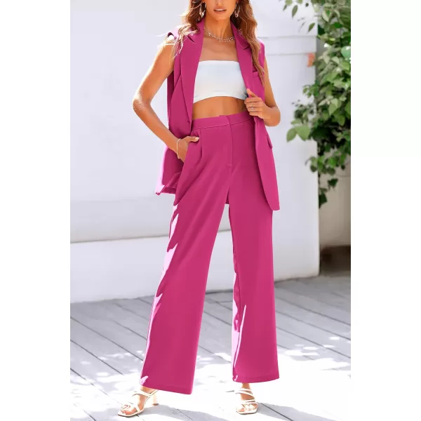PRETTYGARDEN Womens 2 Piece Outfits Sleeveless Suit Vest and Wide Leg Pants Business Casual Blazer SetsRose Red