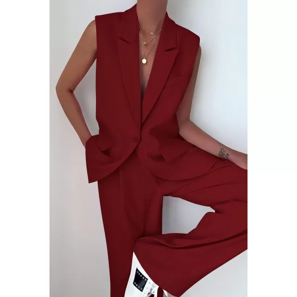 PRETTYGARDEN Womens 2 Piece Outfits Sleeveless Suit Vest and Wide Leg Pants Business Casual Blazer SetsWine Red