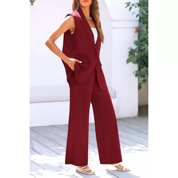 PRETTYGARDEN Womens 2 Piece Outfits Sleeveless Suit Vest and Wide Leg Pants Business Casual Blazer SetsWine Red