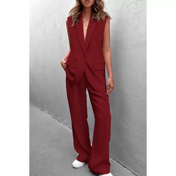 PRETTYGARDEN Womens 2 Piece Outfits Sleeveless Suit Vest and Wide Leg Pants Business Casual Blazer SetsWine Red