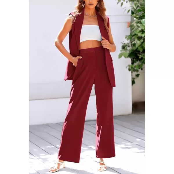 PRETTYGARDEN Womens 2 Piece Outfits Sleeveless Suit Vest and Wide Leg Pants Business Casual Blazer SetsWine Red