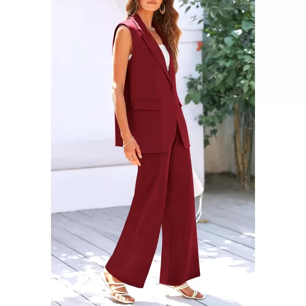 PRETTYGARDEN Womens 2 Piece Outfits Sleeveless Suit Vest and Wide Leg Pants Business Casual Blazer SetsWine Red