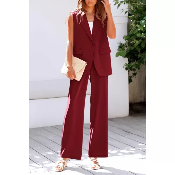 PRETTYGARDEN Womens 2 Piece Outfits Sleeveless Suit Vest and Wide Leg Pants Business Casual Blazer SetsWine Red