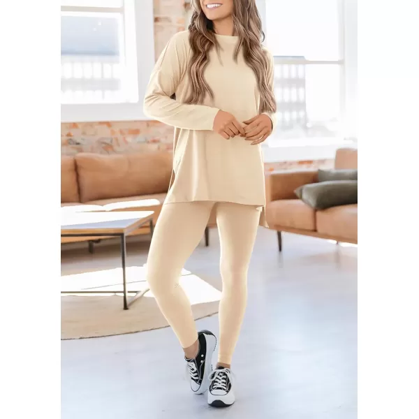 PRETTYGARDEN Womens Fall 2 Piece Outfits Casual Long Sleeve Tunic Tops Legging Pants Matching Lounge Sets SweatsuitsBeige