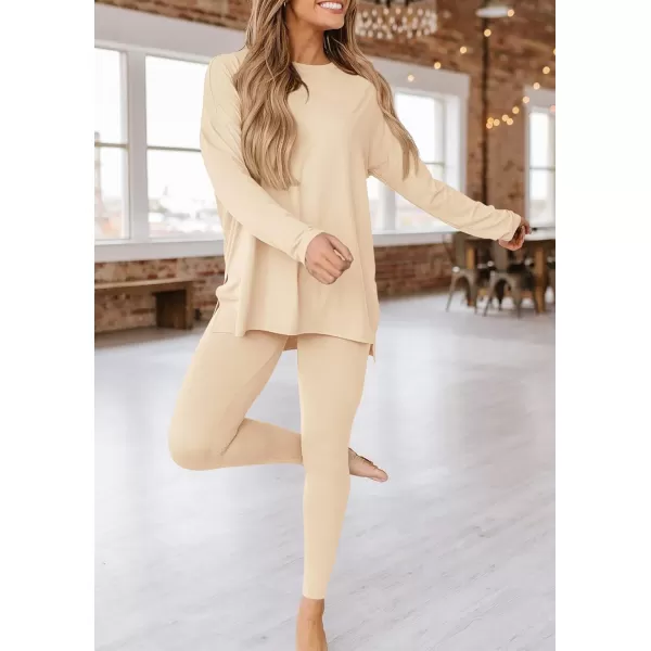 PRETTYGARDEN Womens Fall 2 Piece Outfits Casual Long Sleeve Tunic Tops Legging Pants Matching Lounge Sets SweatsuitsBeige