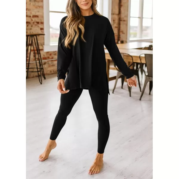 PRETTYGARDEN Womens Fall 2 Piece Outfits Casual Long Sleeve Tunic Tops Legging Pants Matching Lounge Sets SweatsuitsBlack
