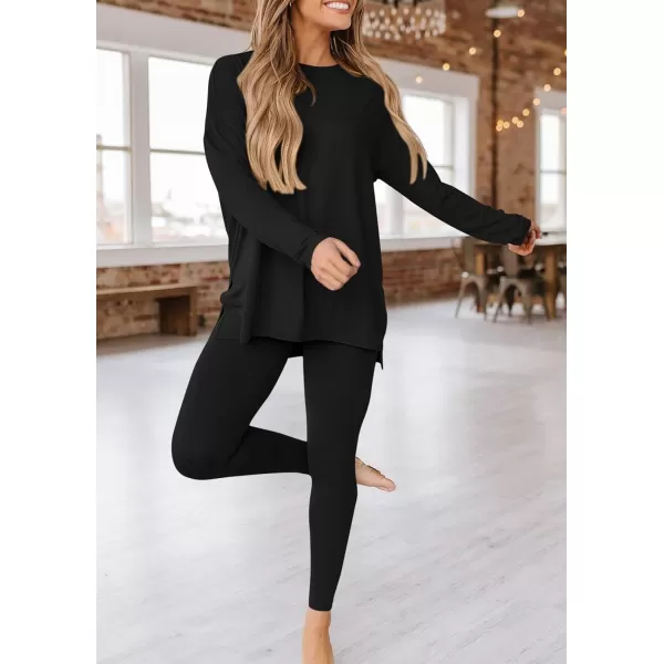 PRETTYGARDEN Womens Fall 2 Piece Outfits Casual Long Sleeve Tunic Tops Legging Pants Matching Lounge Sets SweatsuitsBlack